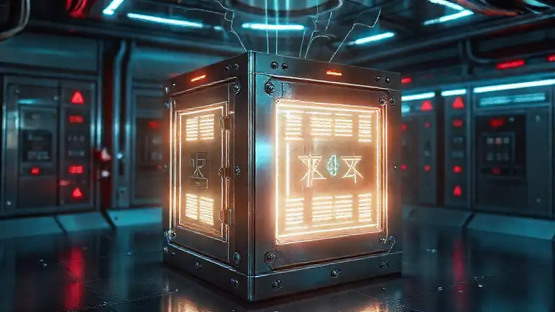 Cubo metálico con runas y ondas electromagnéticas