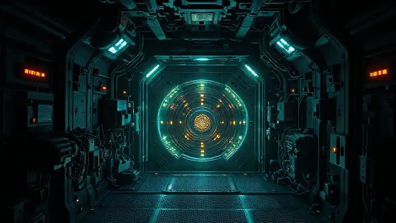Instalación futurista con maquinaria y vigilancia avanzada