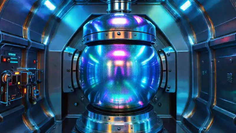 Cilindro metálico iridiscente en entorno futurista