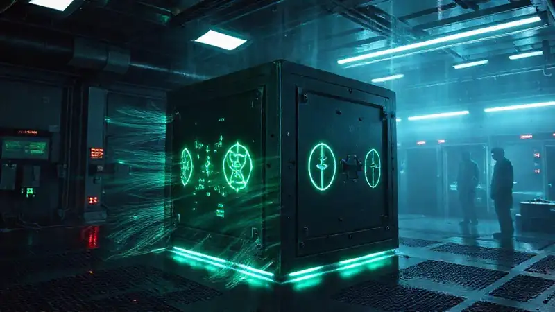 Cubículo misterioso con símbolos y energía electrificada