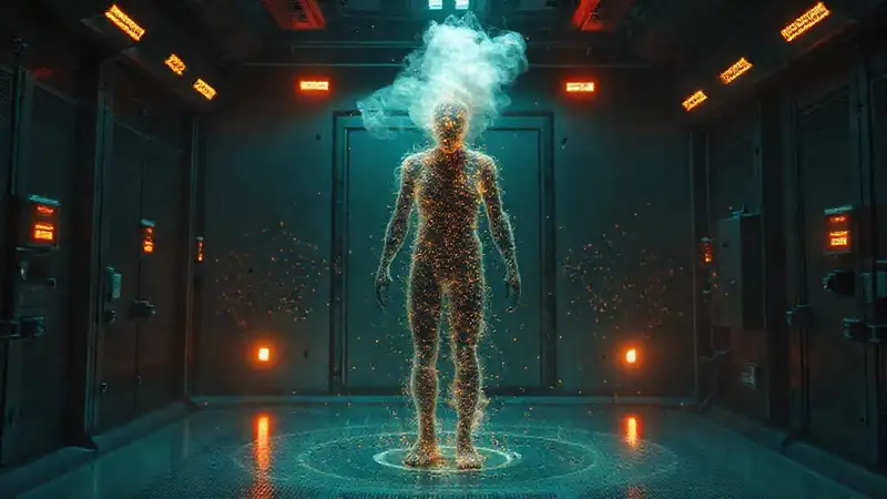 Figura humanoide nebulosa en contenedor seguro