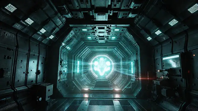 Cámara subterránea futurista con entidad luminosa