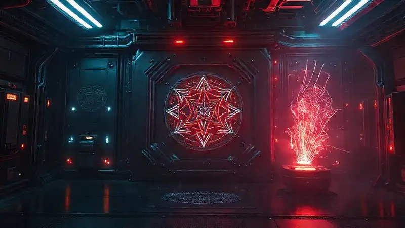 Estructura metálica con símbolos y energía futurista