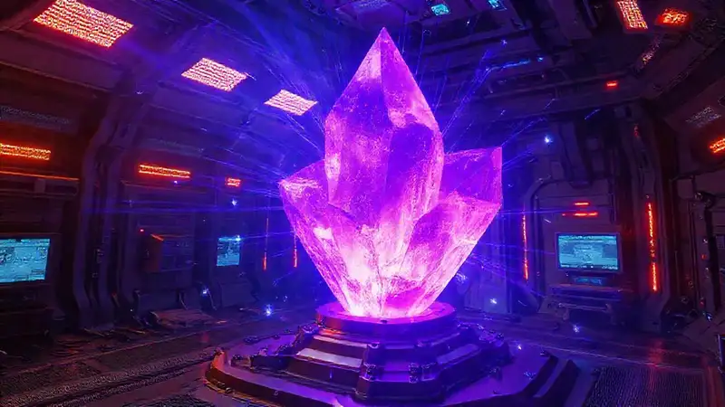 Cristal violeta en entorno futurista y tensos