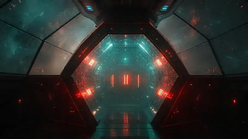 Estructura futurista semicircular con luces y campo