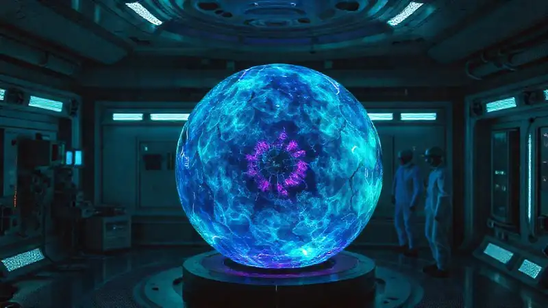 Esfera fractal luminosa en contención segura