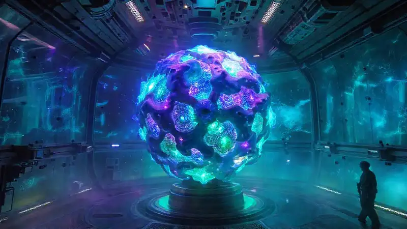 Esfera fractal luminosa en cámara de contención
