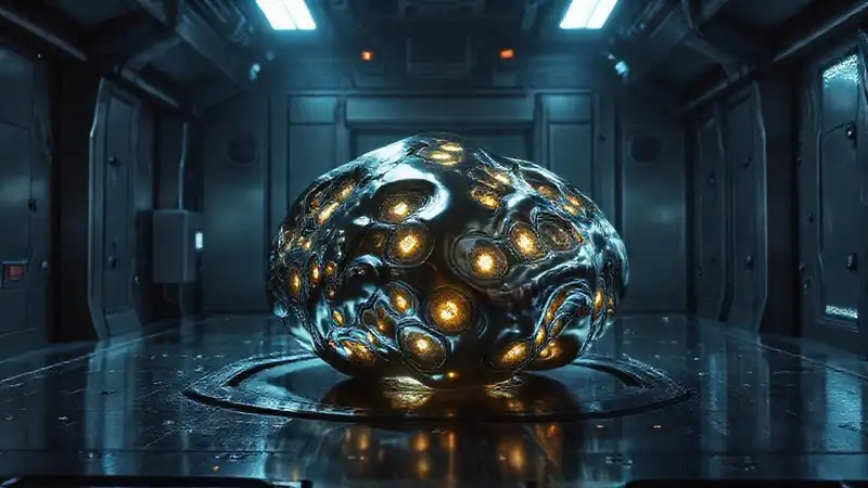 Objeto metálico misterioso en contención futurista