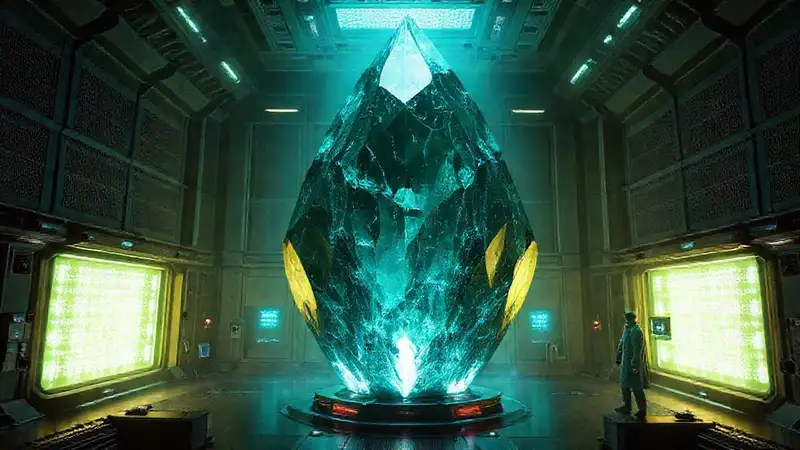 Cristal misterioso en laboratorio futurista protegido