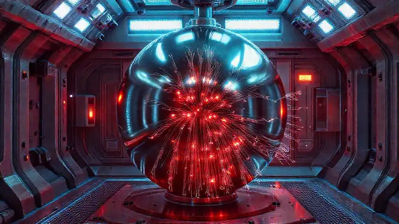 Objeto metálico brillante en laboratorio futurista