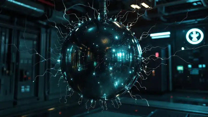 Esfera metálica luminosa en cámara futurista