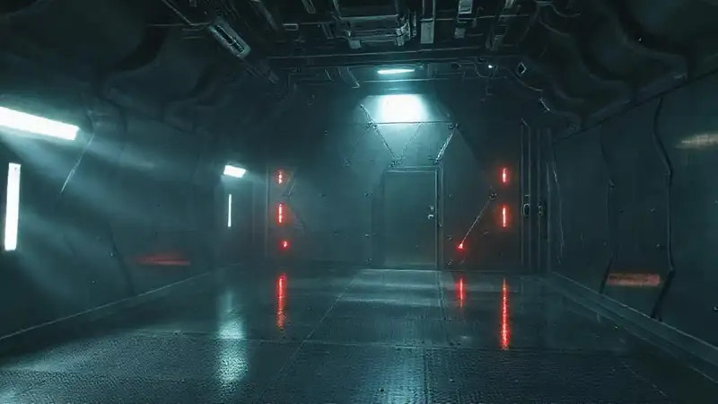 Estructura metálica misteriosa en ambiente futurista