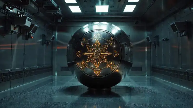 Esfera metálica misteriosa en contención de seguridad