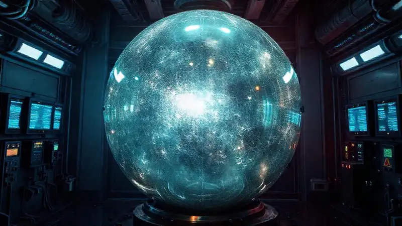 Esfera metálica luminosa en cautiverio futurista peligrosa