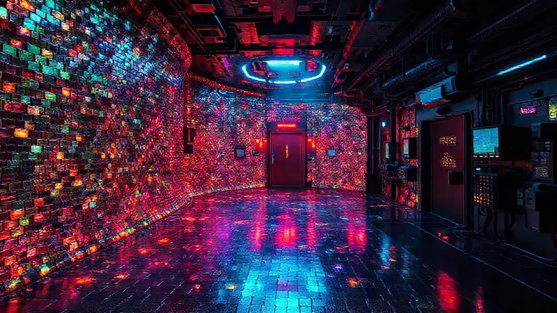 Mosaico metálico iridiscente en ambiente futurista