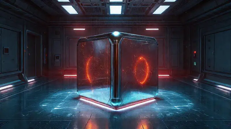 Cubo metálico brillante con efectos extraños