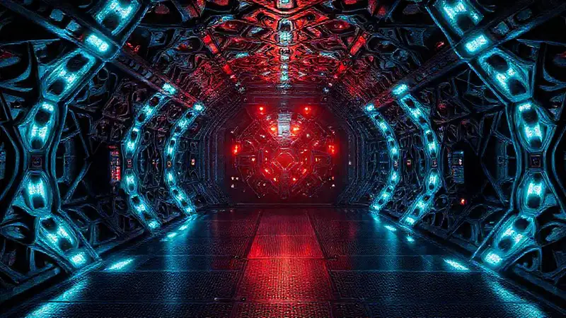 Patrón fractal metálico en sala de seguridad