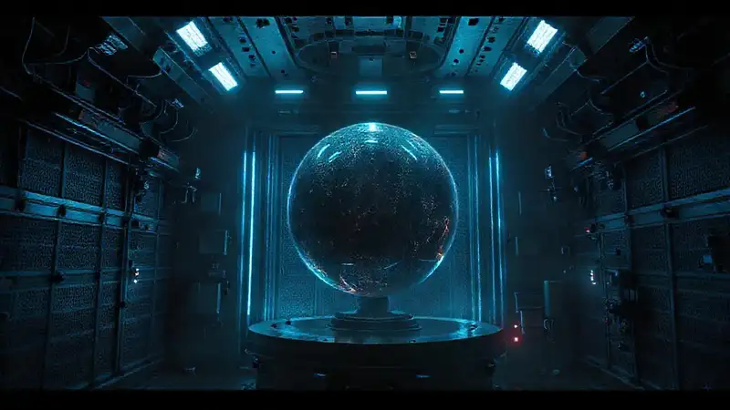 Esfera luminosa en sala futurista y tenebrosa