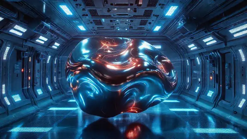 Objeto metálico misterioso en entorno futurista