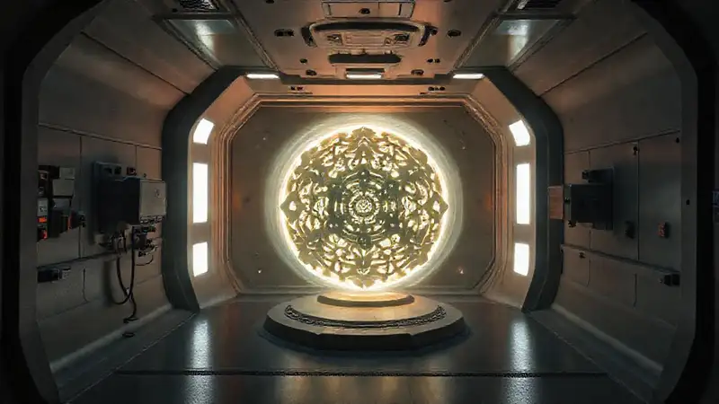 Sala secreta con estructura brillante y tecnología