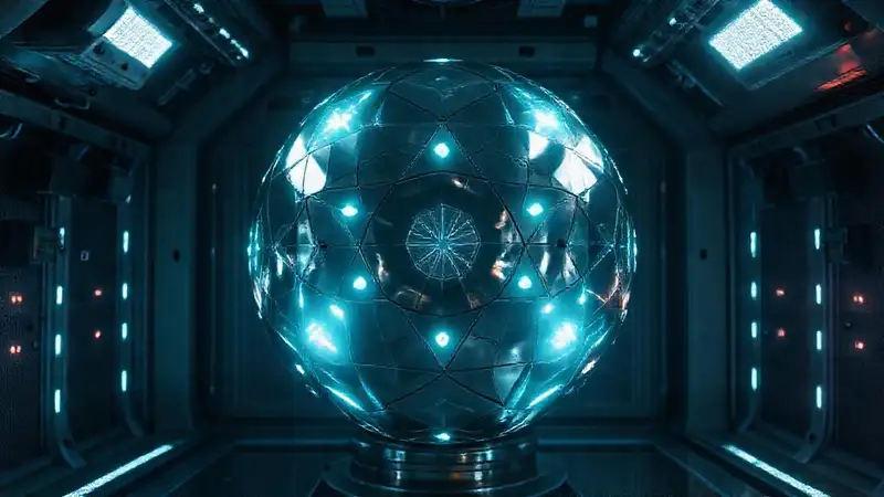 Esfera metálica luminosa en contención futurista
