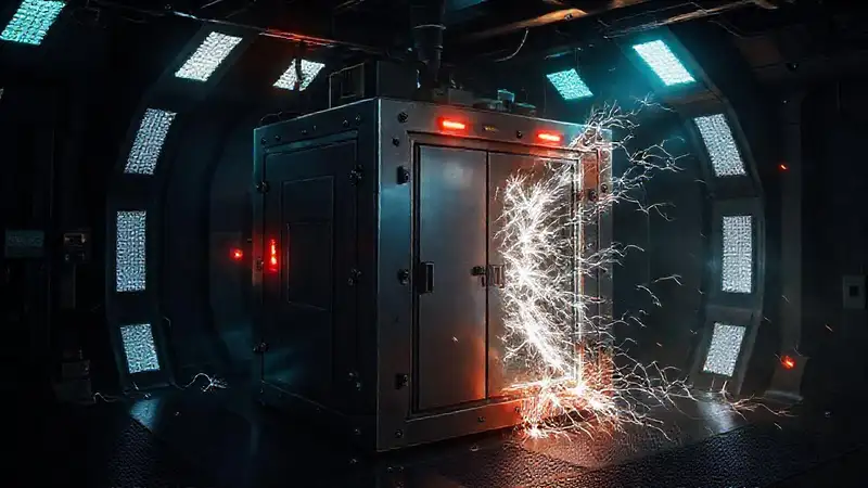 Cubo metálico con energía y alertas tecnológicas