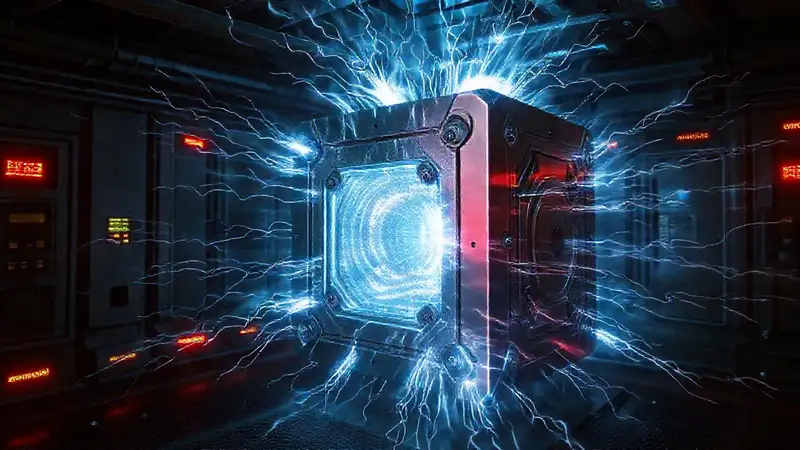 Cubo metálico con energía y luz intensa