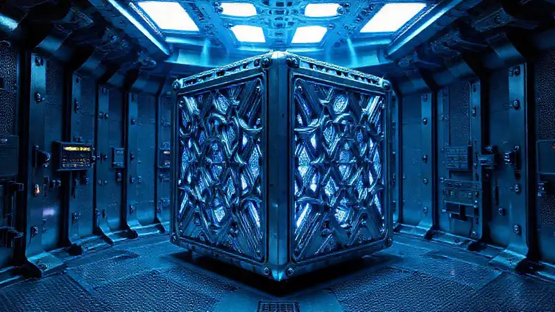 Cubo misterioso con patrones y luz tenue