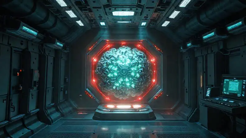 Cámara de contención futurista con objeto misterioso