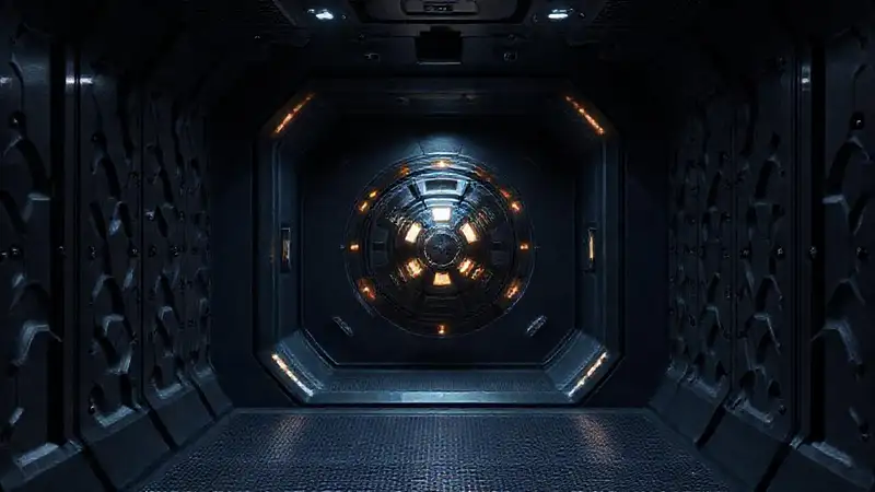 Cápsula futurista con objeto misterioso y seguridad