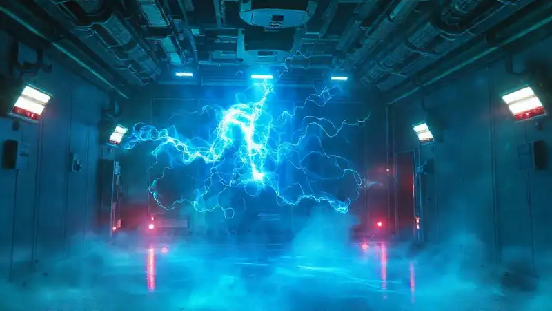 Aura energética azul y verde en cámara futurista