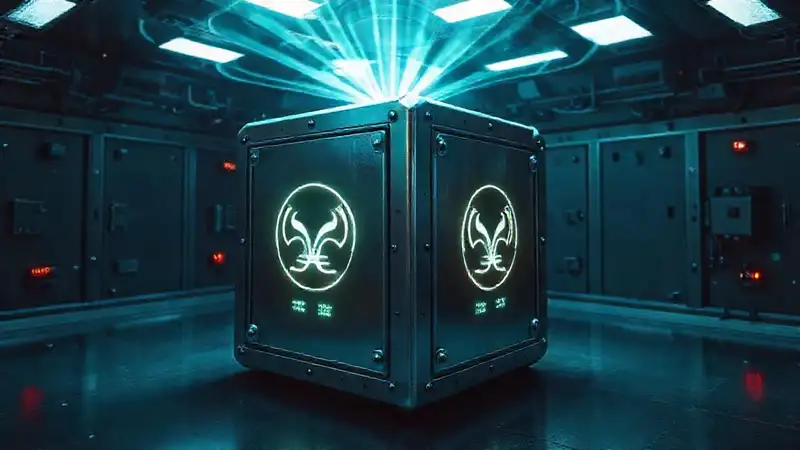 Cubo metálico con símbolos y energía misteriosa