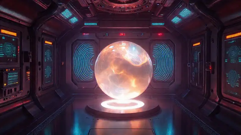 Esfera misteriosa con campos y protección tecnológica