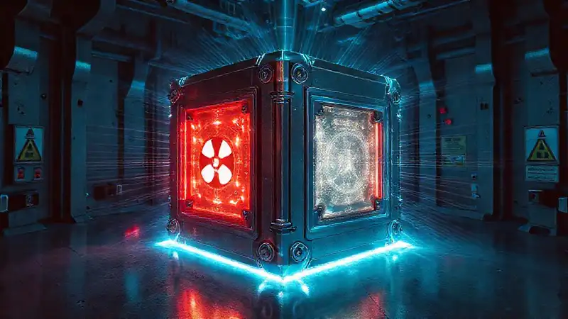 Cubo metálico misterioso en contención futurista