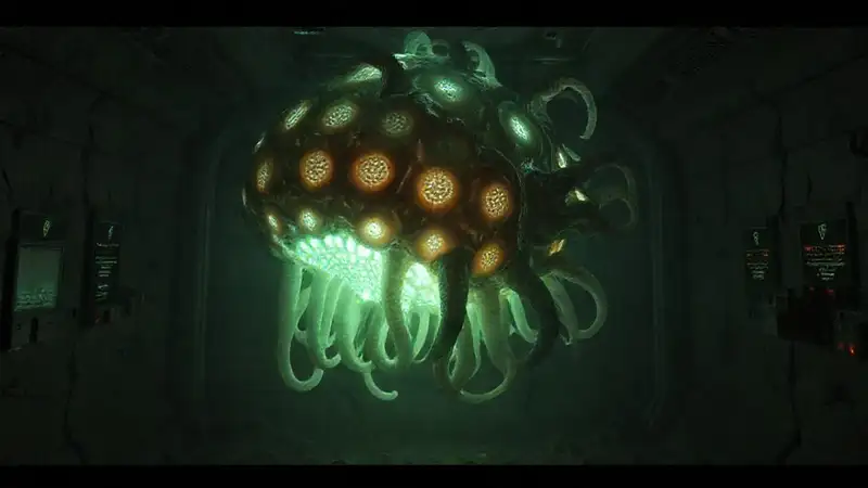 Estructura orgánica luminosa y misteriosa en cámara