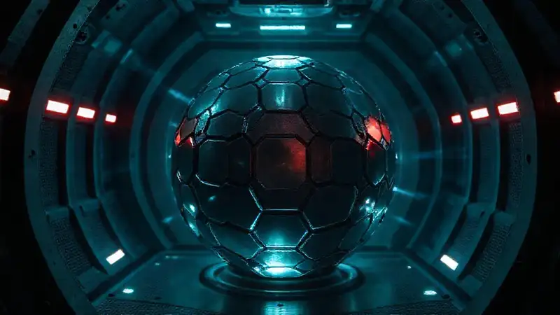 Esfera metálica misteriosa en cámara futurista