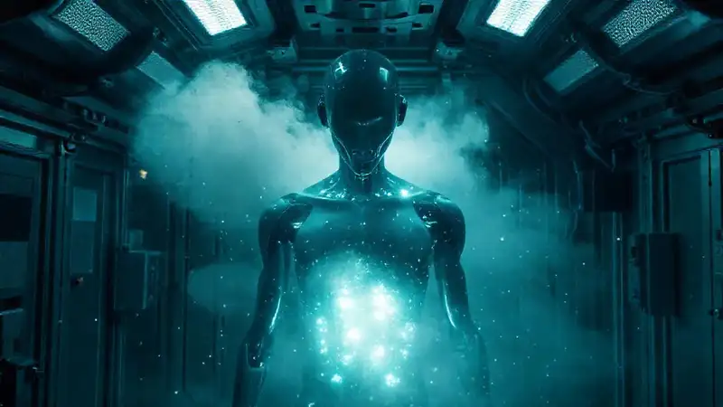 Figura humanoide en cámara de contención futurista