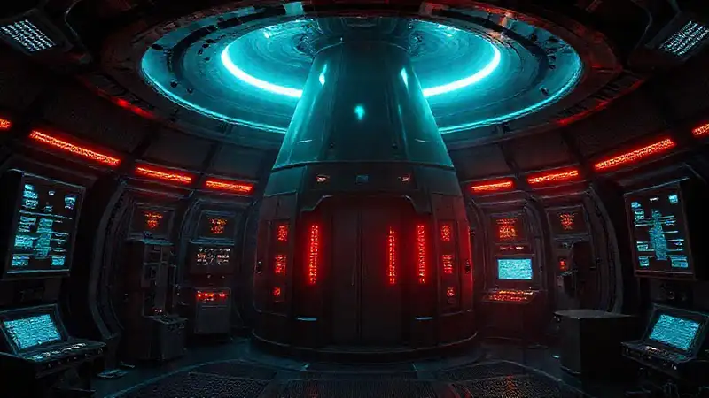 Cámara futurista con seguridad y ambiente misterioso