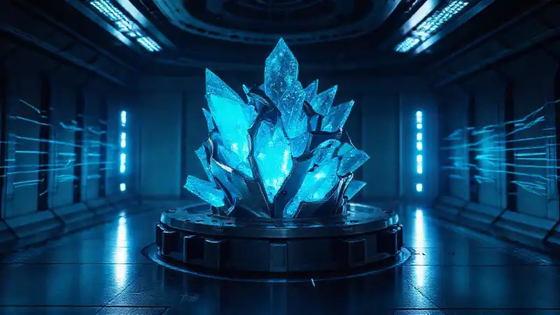 Estructura metálica misteriosa con cristales azules