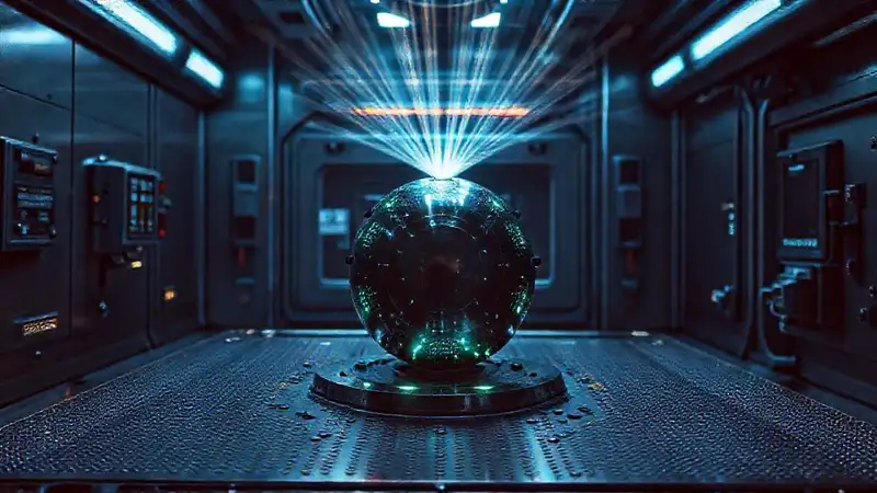 Cámara de contención con objeto misterioso y futurista