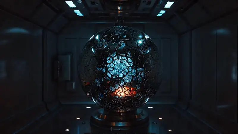 Esfera fractal brillante en recinto futurista