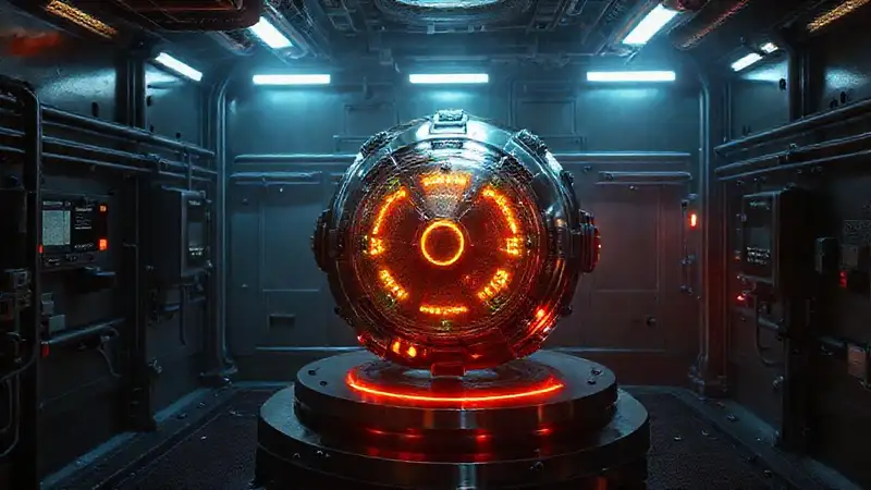 Artefacto futurista en cámara de alta tecnología