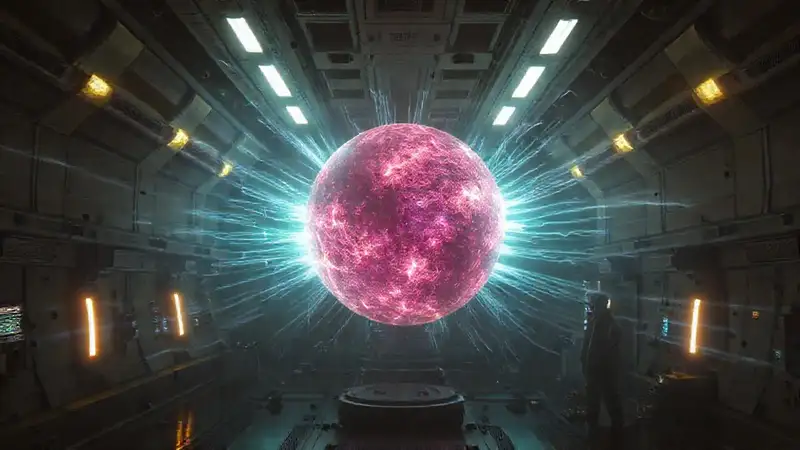 Esfera luminosa en laboratorio futurista de energía