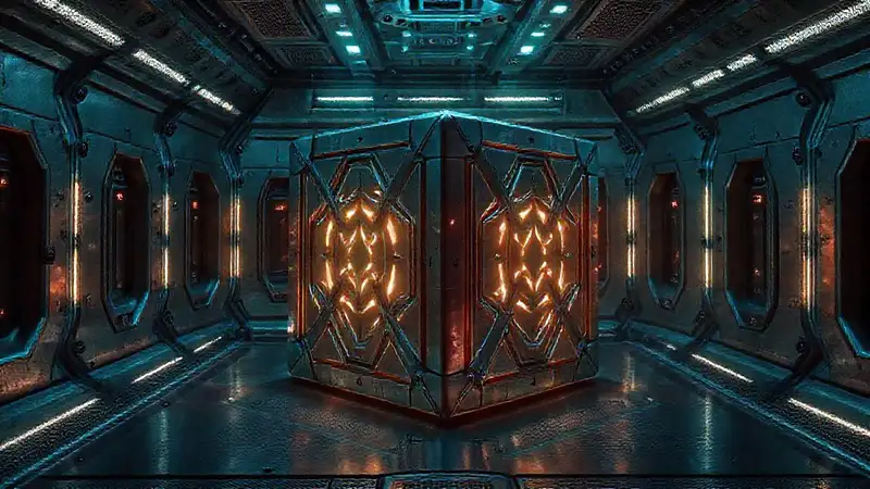 Cubo metálico futurista con energía y seguridad