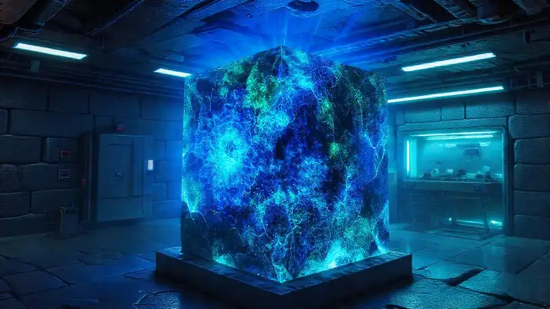 Bloque cristalino con patrones fractales y energía