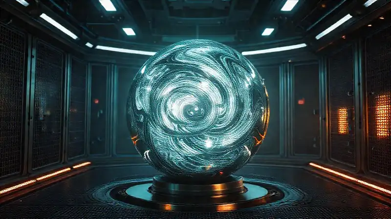 Esfera metálica con patrones y aura luminosa