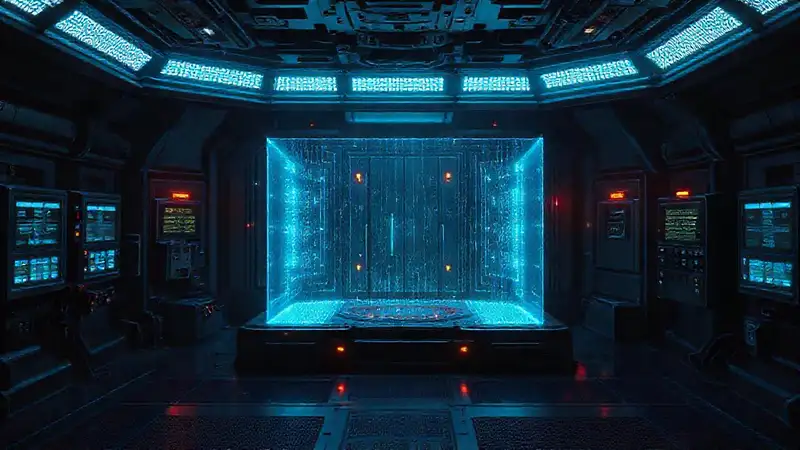 Cuarto de contención futurista con barreras lumínicas