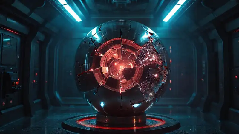 Esfera metálica misteriosa en contención futurista