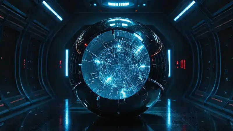 Esfera metálica brillante en entorno futurista