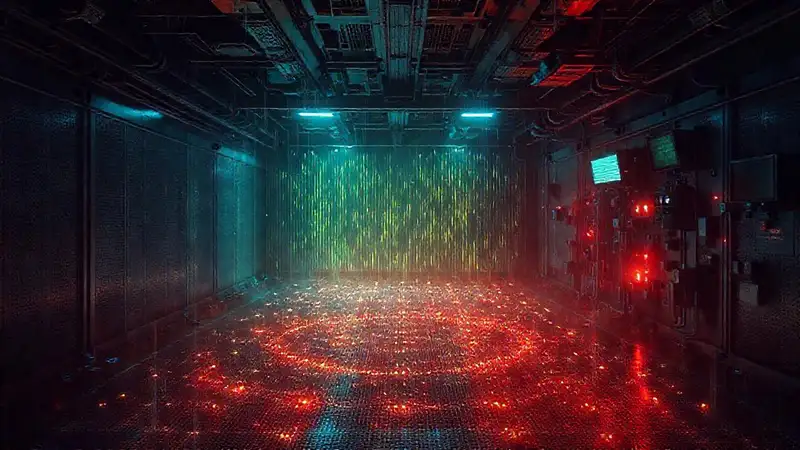 Campo energético misterioso en entorno futurista vigilado